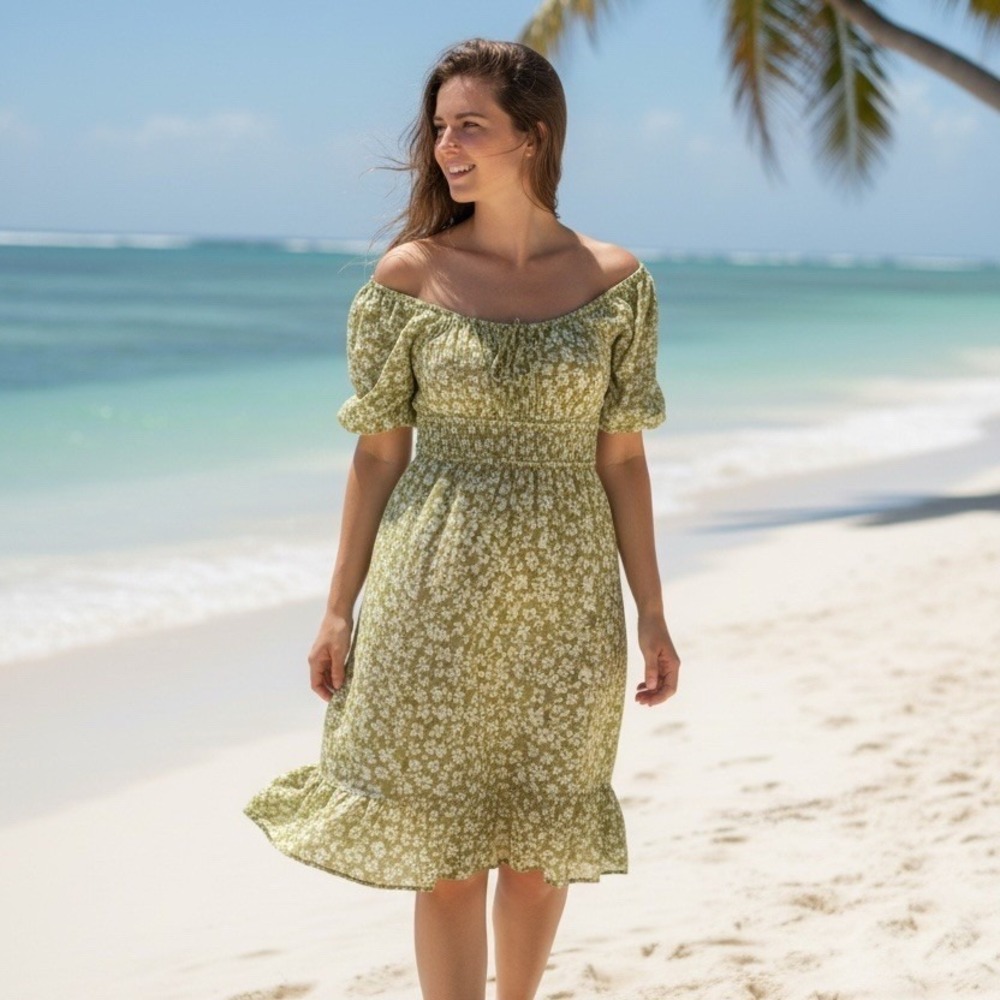 Billabong Dress Womens Size S Green White Floral Off Shoulder Mini coconutgirl